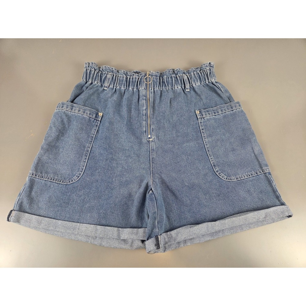Medium Wash Paperbag Denim Sz 14 Shorts High Rise Zip Front Utility Pockets